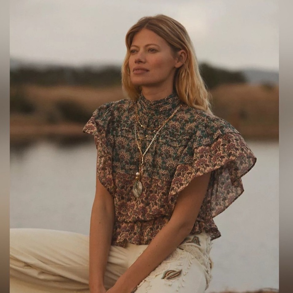 NWT Anthropologie Let me be high neck flutter sleeve top S
